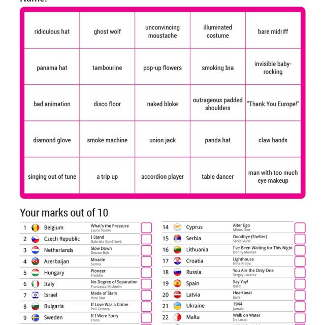 Eurovision 2016 Bingo and scorecards to download